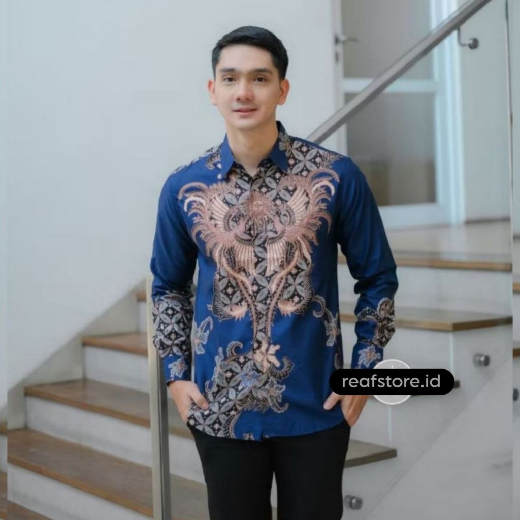 Reafstore.id - Kemeja Batik Pria Lengan Panjang Warna Biru Denim Formal Casual Baju Batik Kantor
