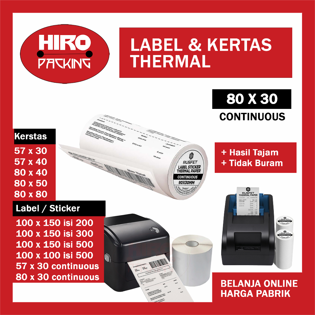 

Label Sticker Thermal Barcode 80x30 Continuous 57x30 Resi Pengiriman 100x150 100x100 Kertas Struk Kasir 57x30 57x40 80x40 80x50 x 80x80