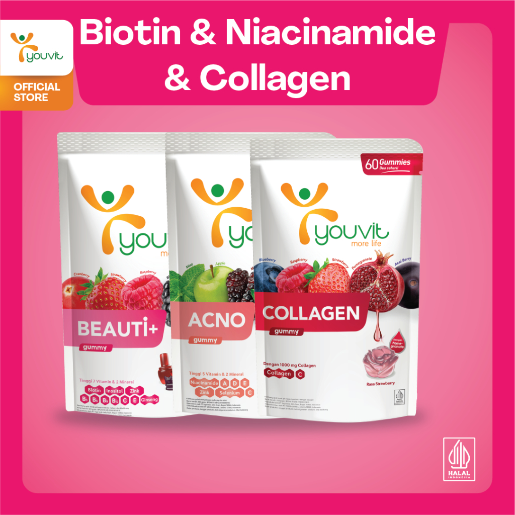 Youvit Beauty Trio 30 Hari - Youvit Collagen, Beauti+, AcNO  untuk Anti Aging, Rambut Rontok & Jeraw
