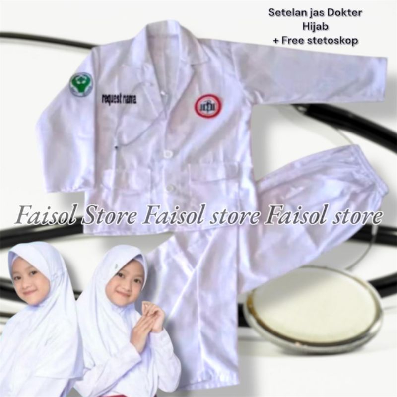 Baju setelan Jas dokter hijab anak cewek paud, tk, sd/ kostum setelan profesi Jas dokter Hijab anak 
