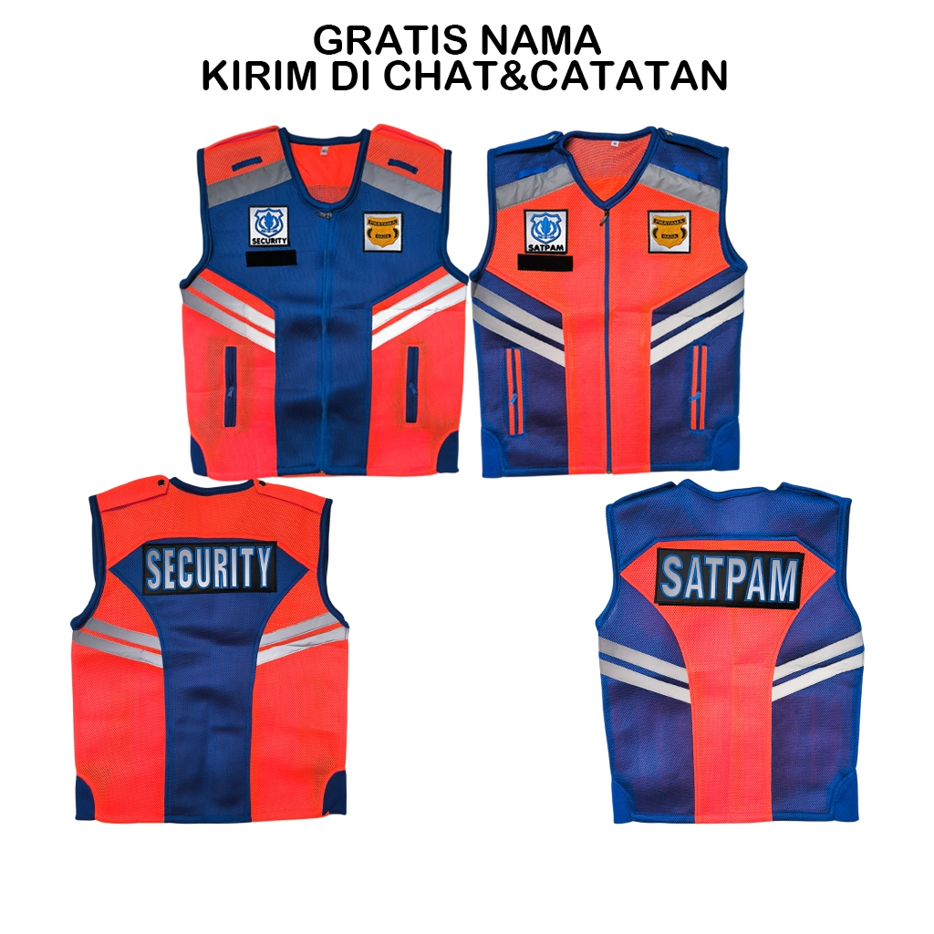 Gratis Bordir Nama Rompi Satpam Security Bahan Tebal Biru Orange Terbaru