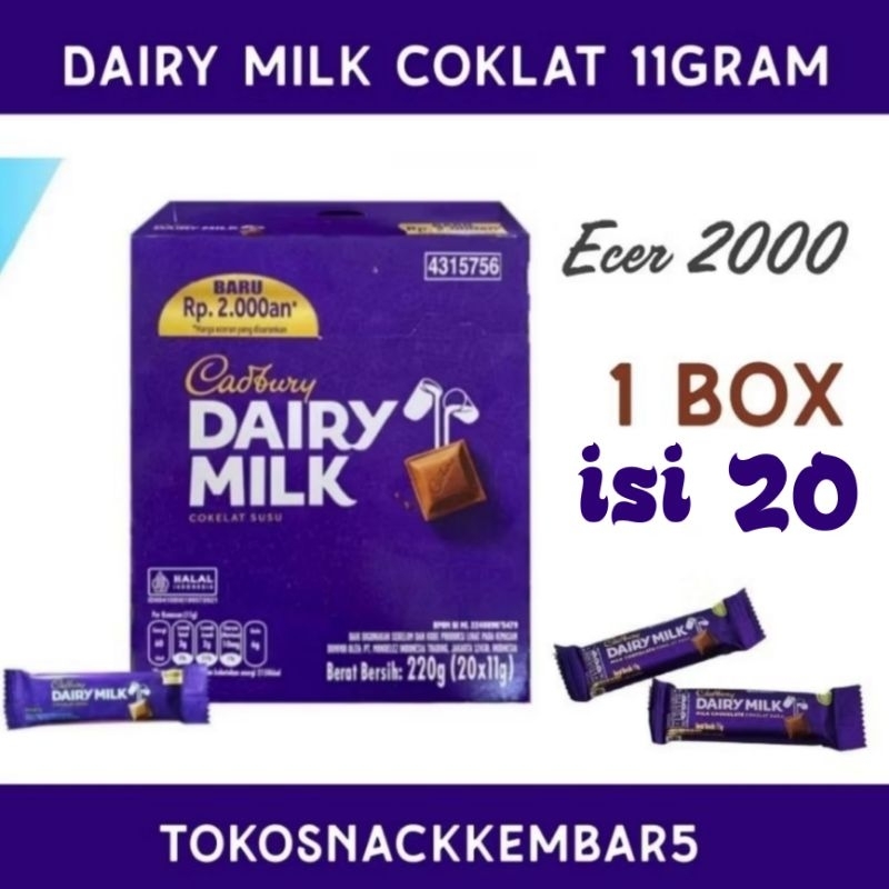 

Cadbury Dairy Milk Coklat 11 Gram Ecer 2000 per pack isi 20pcs