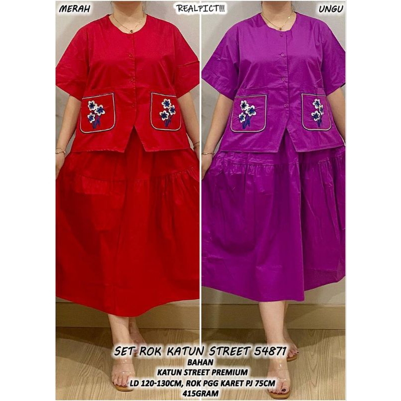 SET ROK KATUN STREET 54871 Setelan Celana Panjang Dewasa Baju Blazer Linen Rayon Kancing Wanita Bord