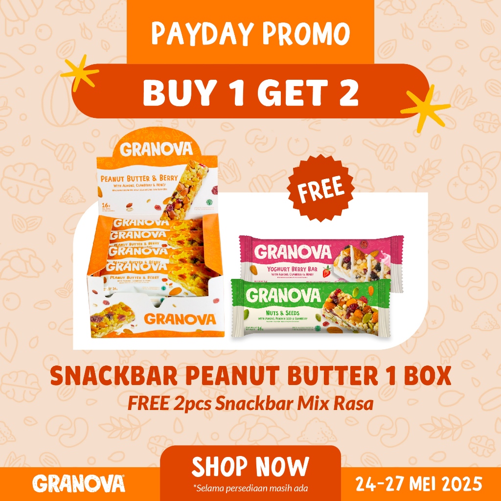 

Granova - Snackbar Peanut Butter & Berry 26gr x 16 pcs (Rasa Selai Kacang & Beri) - Cemilan Sehat, Gandum, Halal