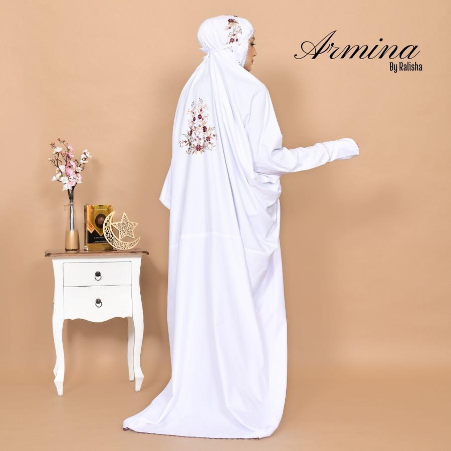 Mukena Putih Umroh Haji Terusan Dewasa Armina Variasi Bordir Mukenah Kain Katun White jumbo