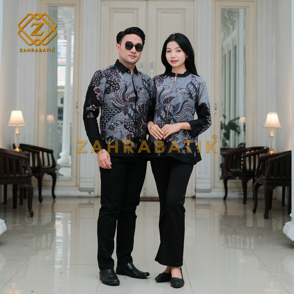 Batik Couple - Batik Tunik Wanita - Batik Pria Lengan Panjang - Motif Santanu Warna Hitam
