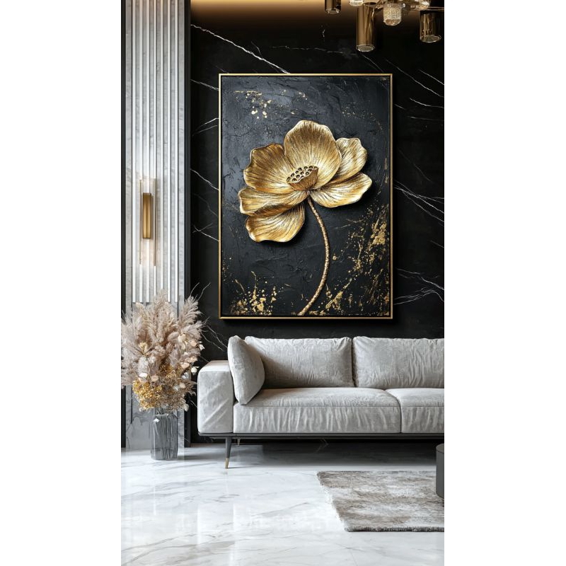 lukisan bunga teratai lotus gold aestetik hiasan dinding