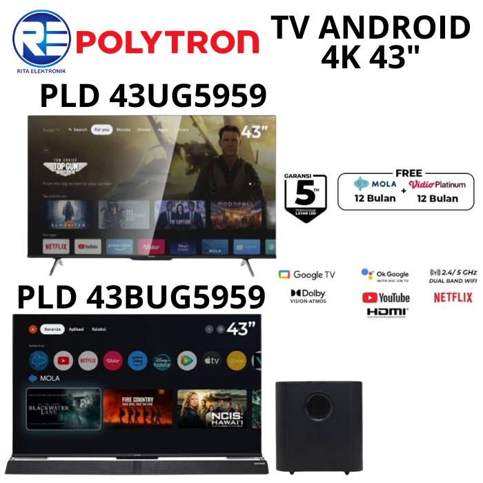 TV Android 4K UHD 43 Inchi Polytron PLD 43UG5959 / PLD 43BUG5959 Remot Voice