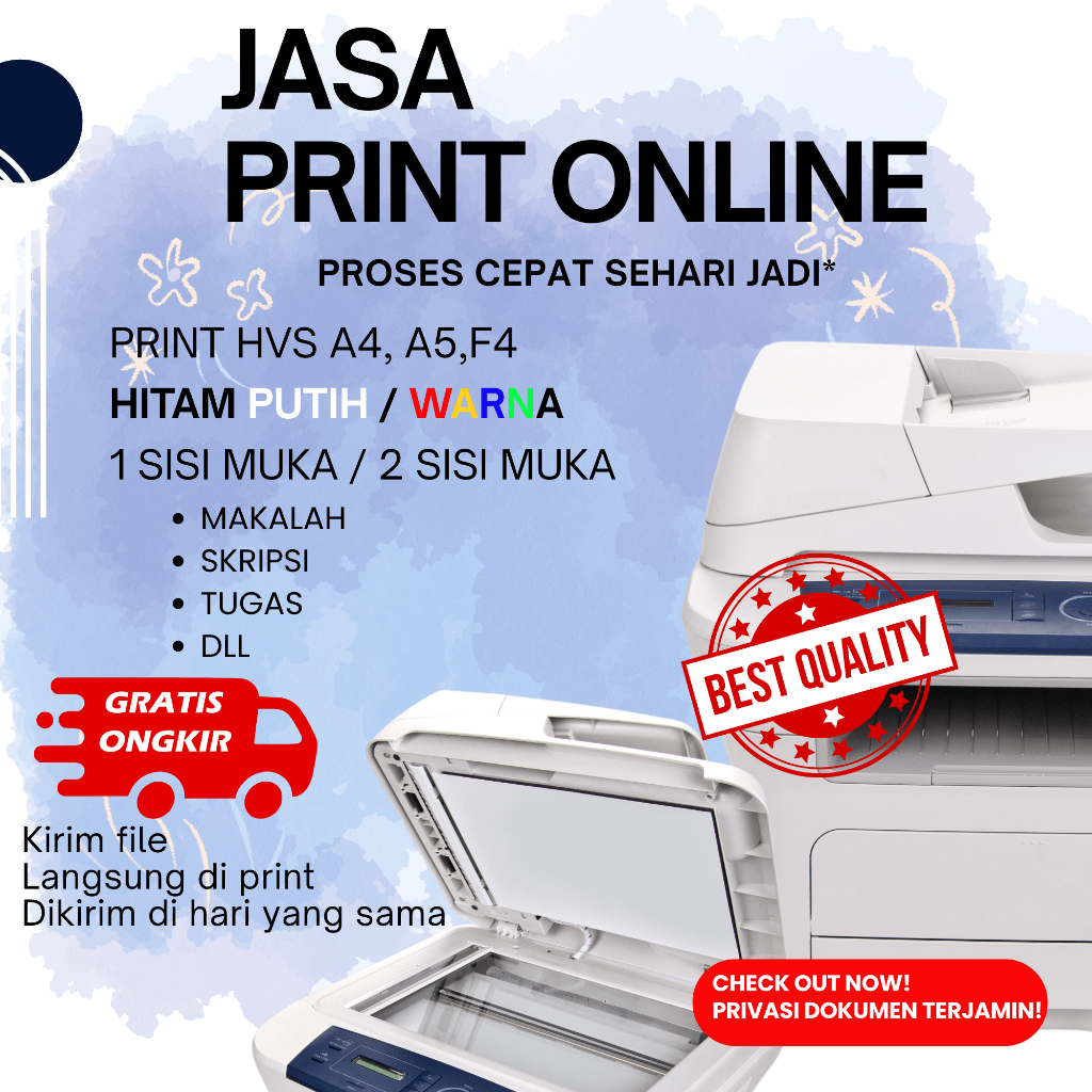 

JASA PRINT A4 / Cetak Kertas A4 , buku, makalah, skripsi, tugas, soal A4 A5 F4 HITAM PUTIH BW / COLOR WARNA FOTOKOPY