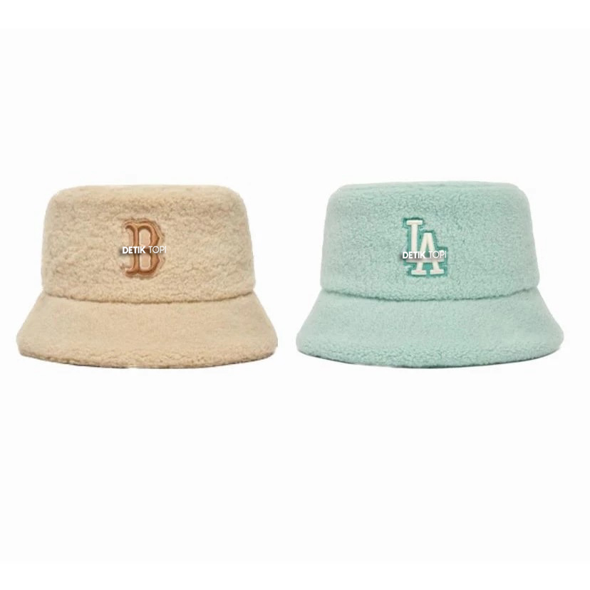 Topi Bucket Hat MLB Korea Boston LA Fleece Bulu Logo Bordir Cap