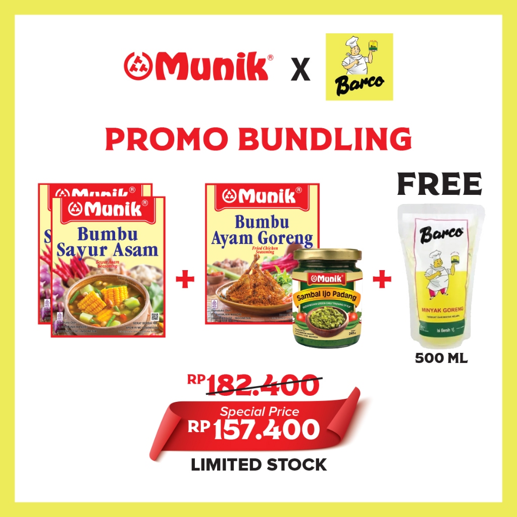 

Promo Bundling Bumbu Munik 2 Sayur Asam + 1 Ayam Goreng + Sambal Ijo Padang 245 gr Free Minyak Barco 500 ml