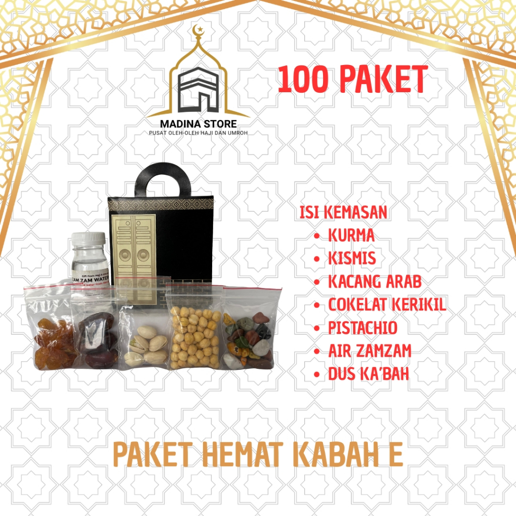 

Paket Hemat Oleh-oleh Haji dan Umroh Paket E 100 PCS isi Air Zamzam Dus Ka'bah