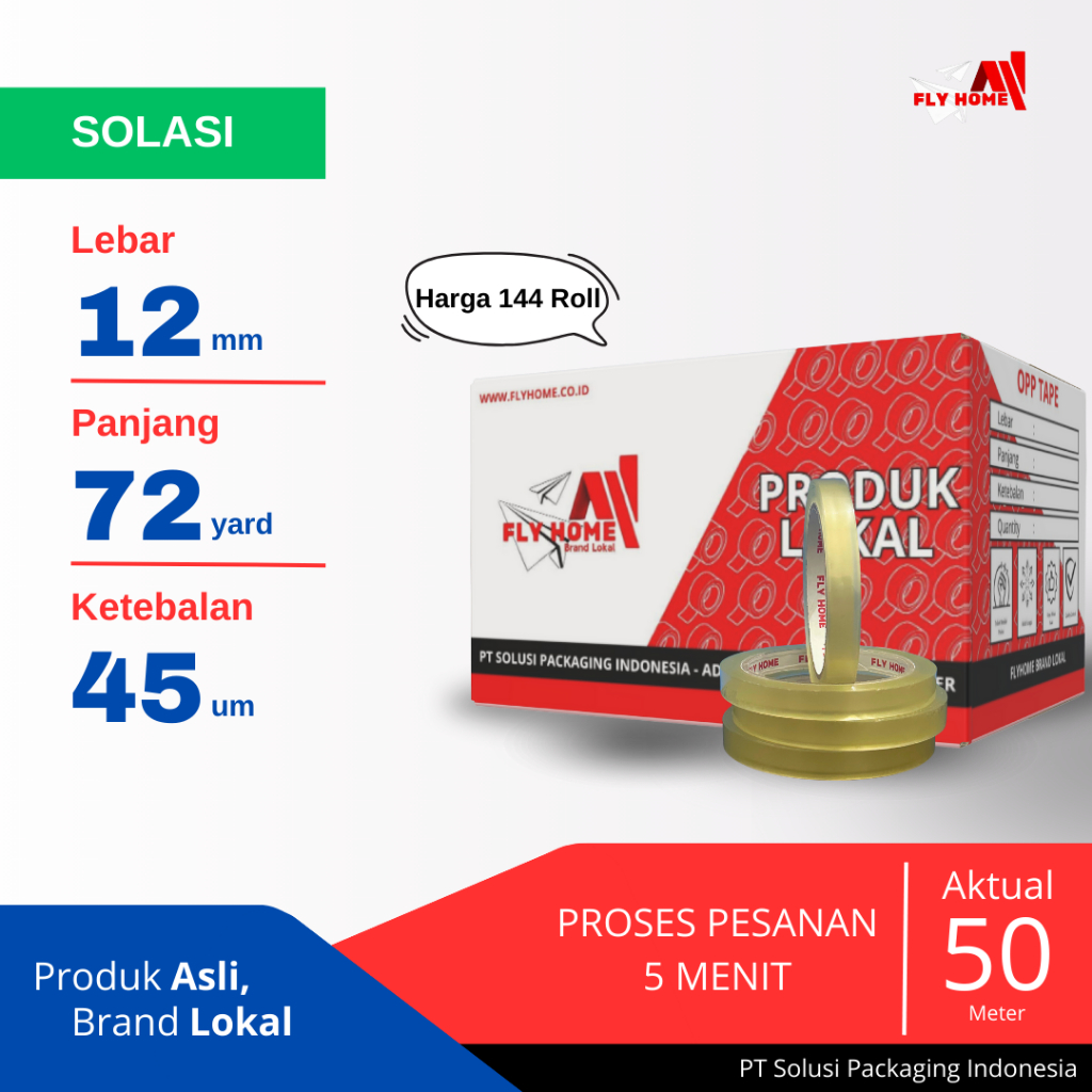 

FLYHOME Lakban solasi 72yard 1/2inci 12x72 yard 1 dus - 288rolls selotip kecil