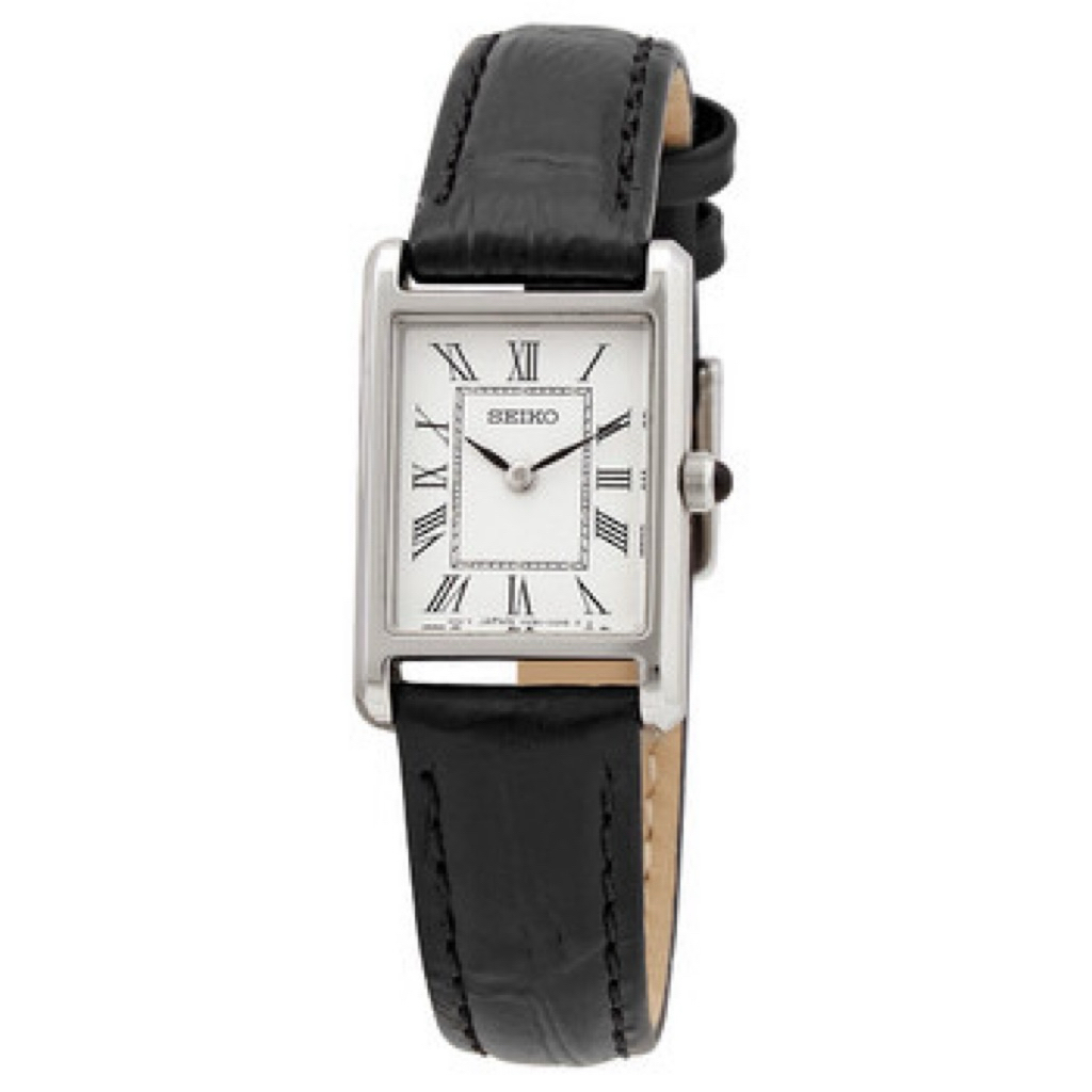 SEIKO tank silver Quartz White Dial Black Leather Ladies Watch SWR053