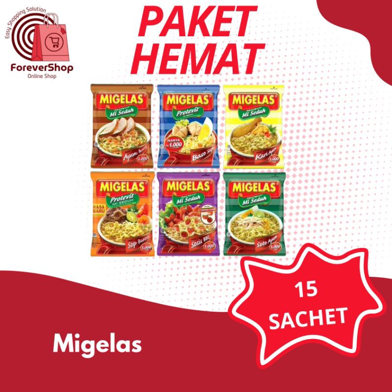 

Migelas PAKET HEMAT 15 PCS - Mie Instant Rasa Ayam Bawang, Baso Sapi, Kari Ayam, Sop Buntut, Sosis BBQ, Soto Ayam dan Mie Goreng