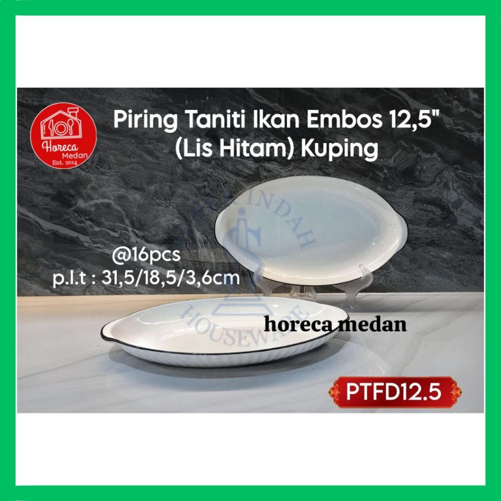 PIRING IKAN TANITI DIAMOND / PIRING SAJI KERAMIK EMBOSS OVAL ELIPS LIS HITAM