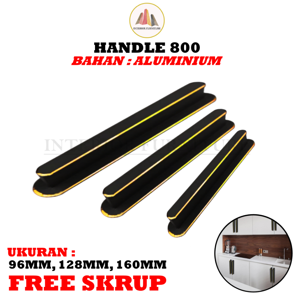 Gagang Pintu Handle Lemari Tarikan Aluminium Hitam List Emas Handel 800 Kabinet Laci Meja Dapur