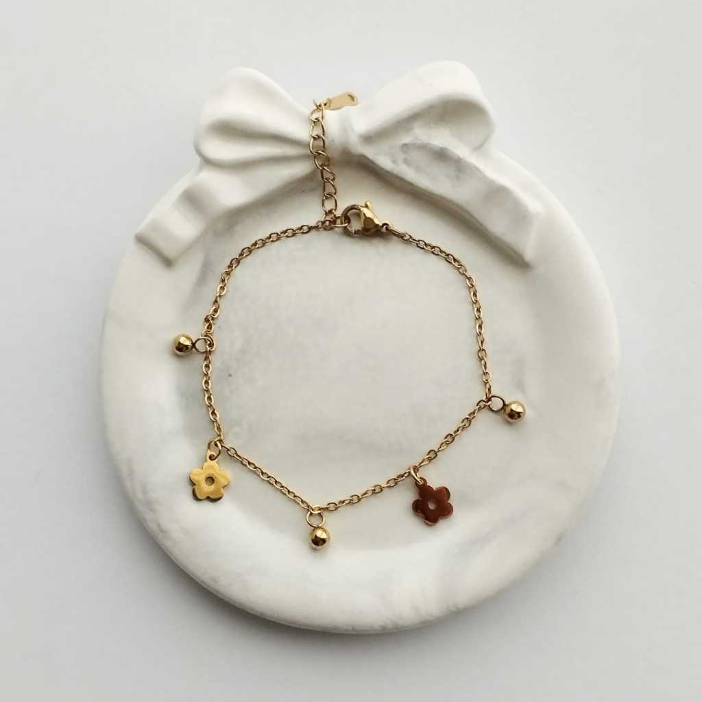 Posy Flower & Boba Charm Linked Chain Bracelet