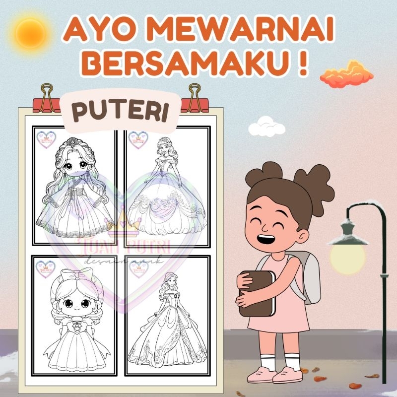 

04 Puteri - Kertas Mewarnai Anak Isi 10 Lembar 1 Pack Gambar Puteri HVS Tebal 80 Gram