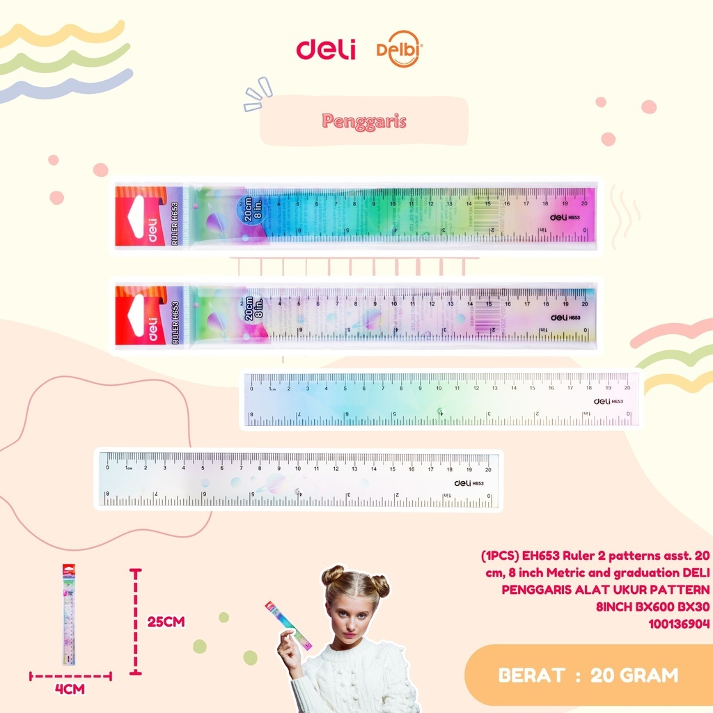 

(1PC) Ruler DELI PENGGARIS ALAT UKUR PATTERN 8 inch