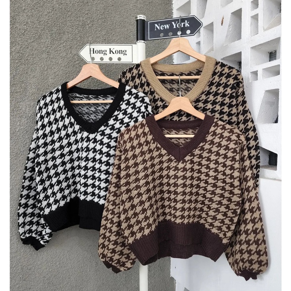 Terbaru Crop Sweater Houndstooth  Rajut Outer Wanita Trendy Murah  Sweater Rajut Crop Top