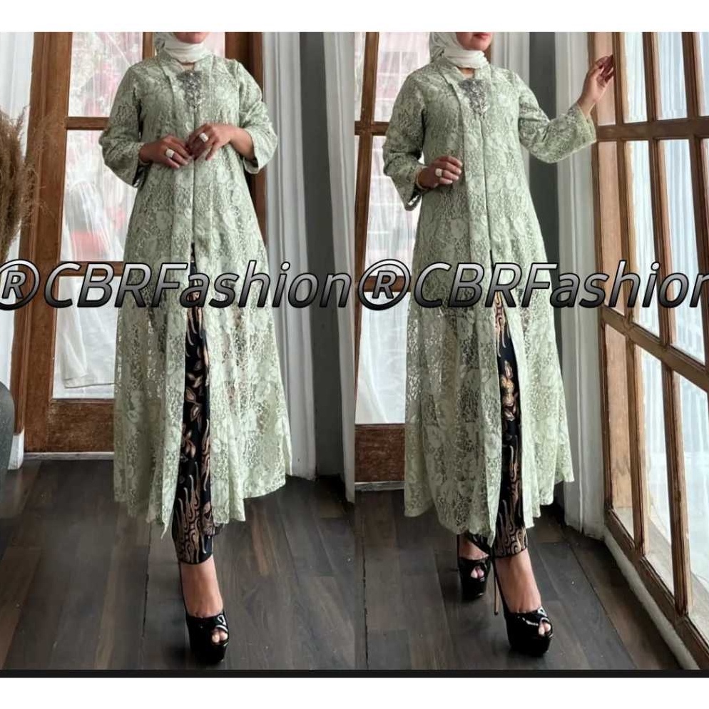 Setelan Kebaya Modern Long Tunik Model FLoyKebaya Brokat Busui Resleting Depan