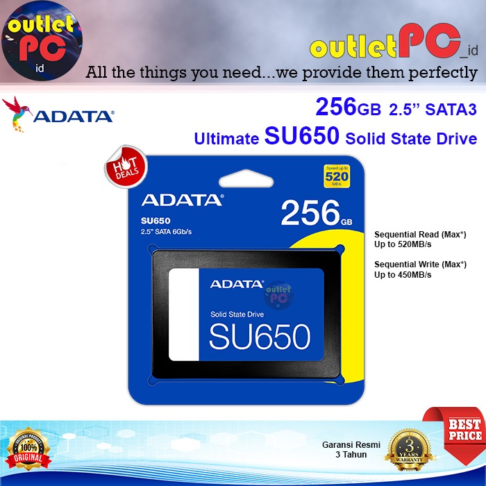 ADATA SSD SU650 256GB SATA3 2.5" 2.5 INCH 256G 256 GB SU 650 SATA III SU-650