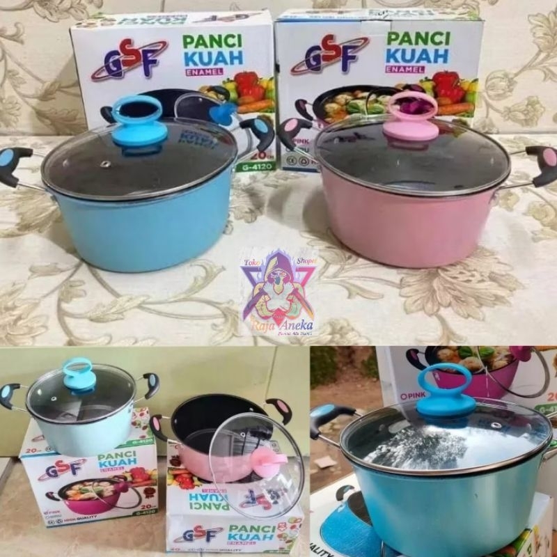 PANCI ENAMEL ANTI LENGKET + TUTUP KACA 20 CM & 22 CM  / PANCI ENAMEL WARNA BIRU & PINK / PANCI SERBA