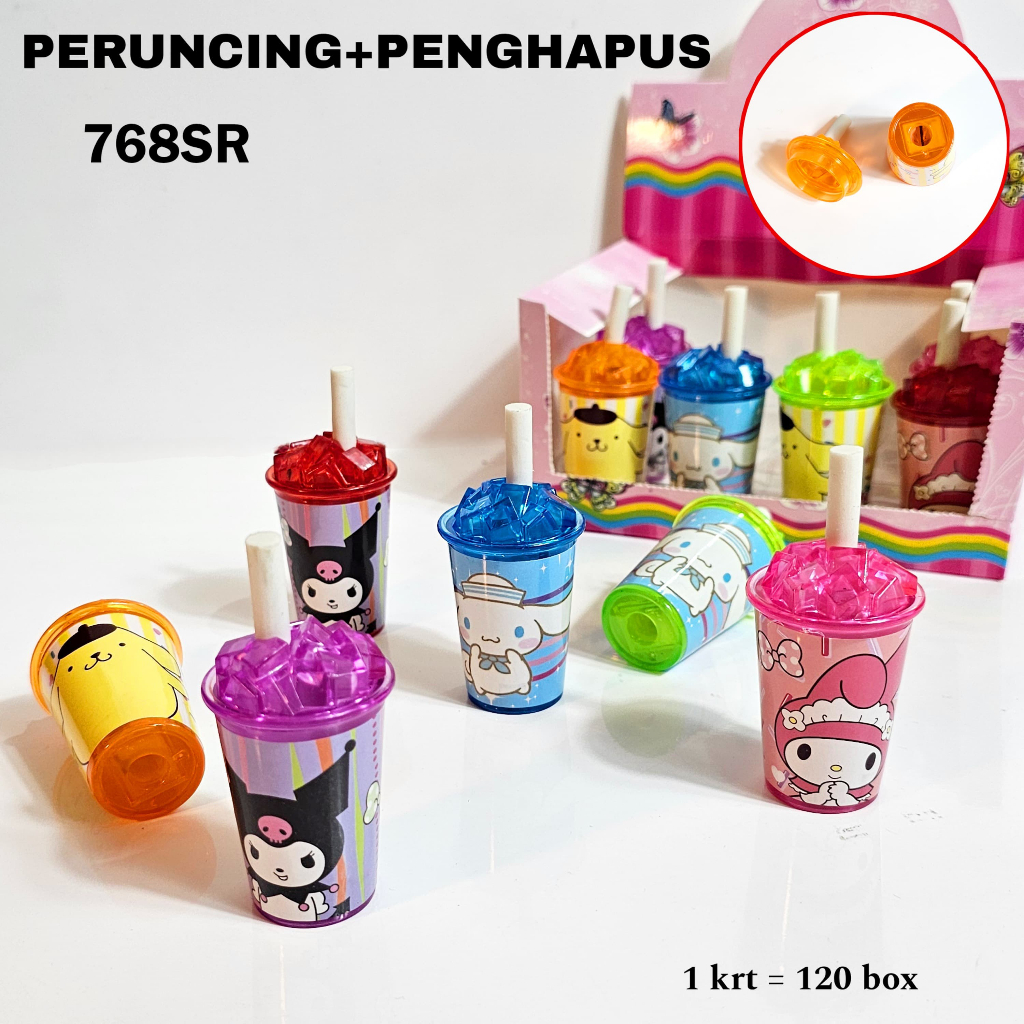 

[1 PAK ISI 12 PCS] Serutan Rautan Pensil Bentuk Cup Gelas + Stip Penghapus SNR Melodi Kuromoi Cinamon Pompom 768 SR Sanrio