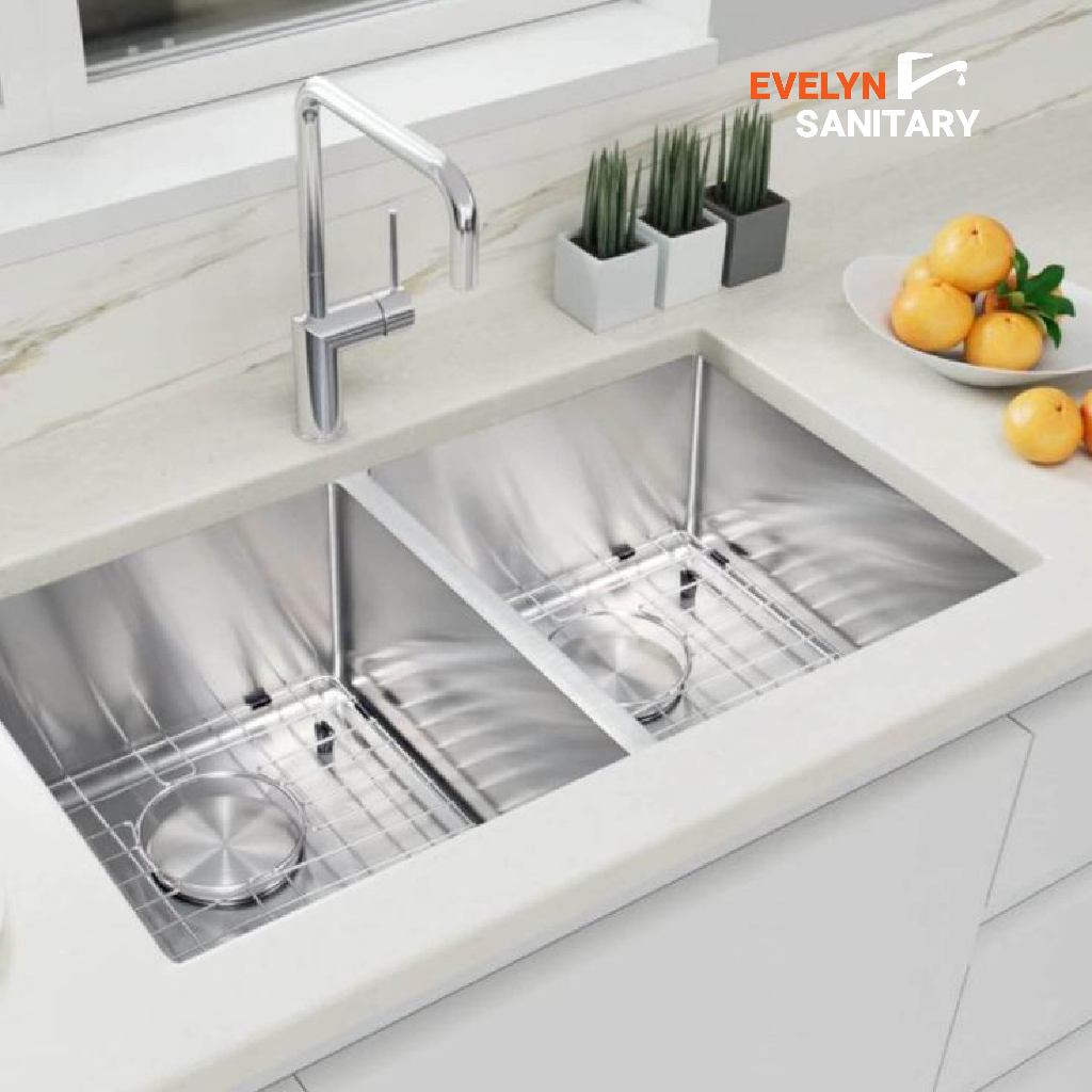 EVELYN SANITARY - Paket Komplit Kitchen Sink Stainless Steel 304 Kran 3L Panas Dingin Wastafel Dapur