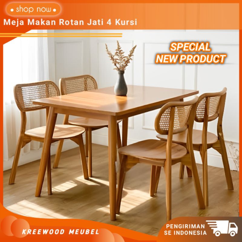 MEJA MAKAN ROTAN MINIMALIS 4 KURSI JATI / MEJA MAKAN JATI 4 KURSI ROTAN
