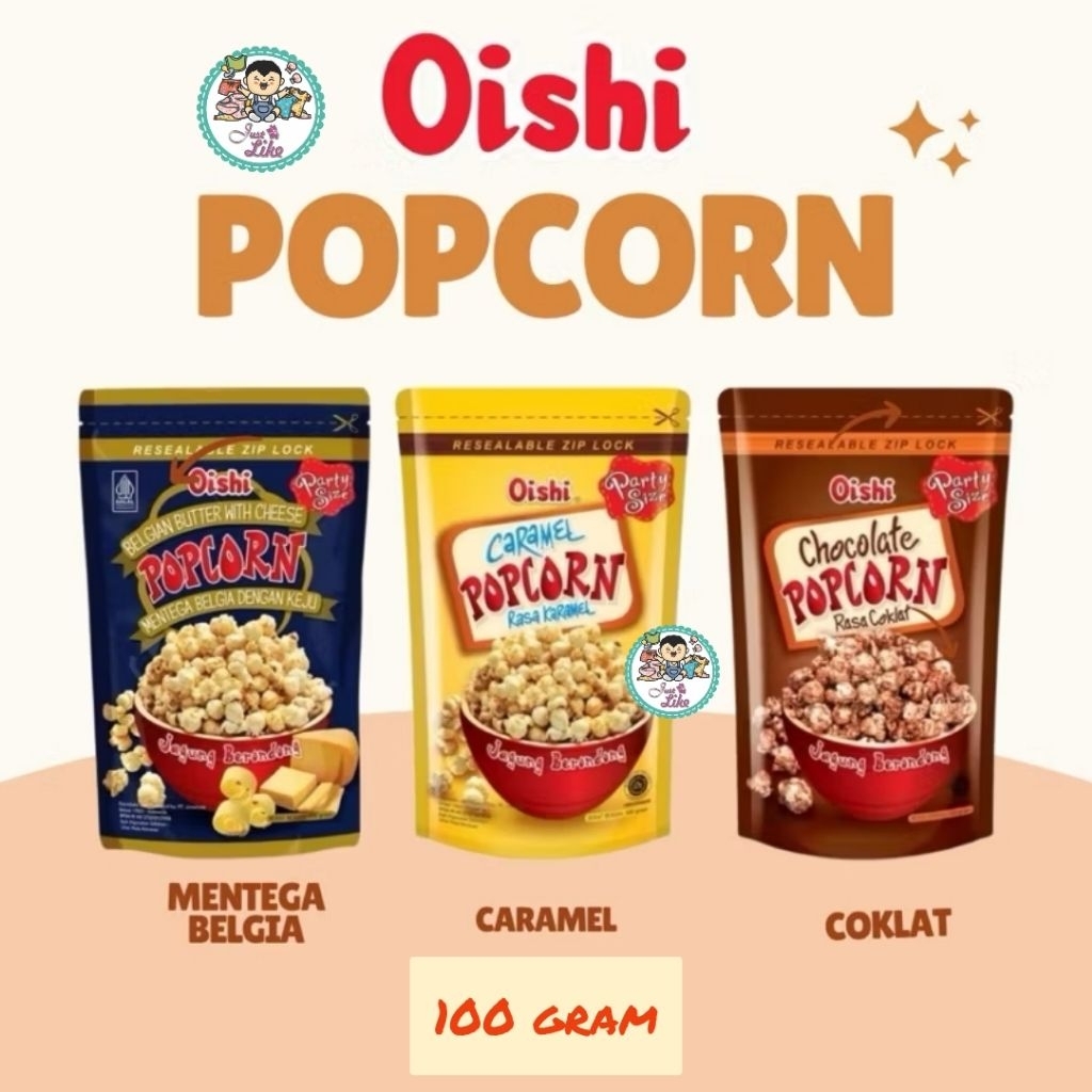 

Oishi Popcorn Caramel Coklat Mentega Belgia dengan Keju Camilan Snack Jagung Pop Corn 100gr.