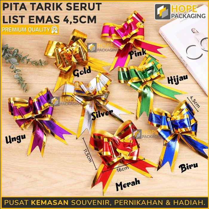

[Harga / 10 Pcs] Pita Tarik Serut List Emas / Pita Gold 4,5cm / Pita Parcel Kado Souvenir / Pita kotak Hampers / Pita Kotak Hampers
