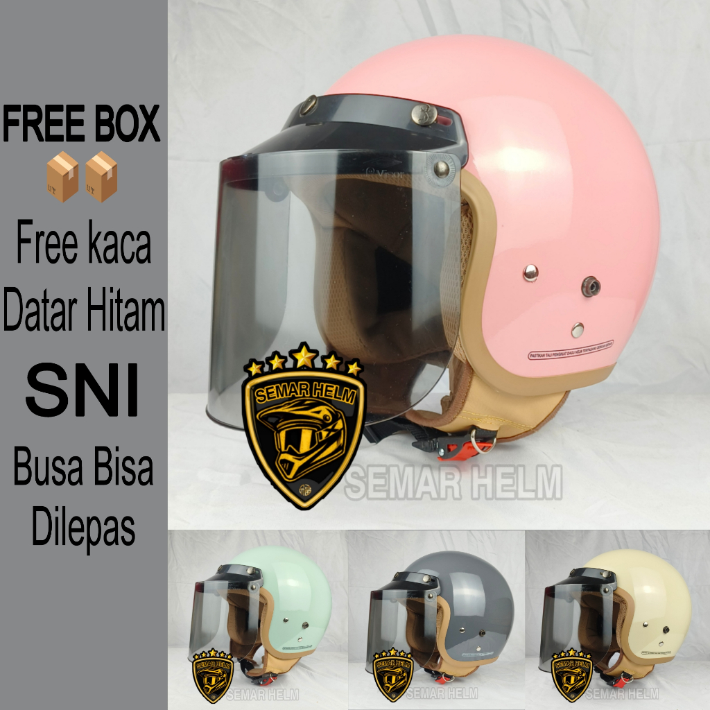 Helm Bogo wanita Dewasa KACA DATAR HITAM SNI PREMIUM Helm Bogo retro LIS COKLAT Terlaris