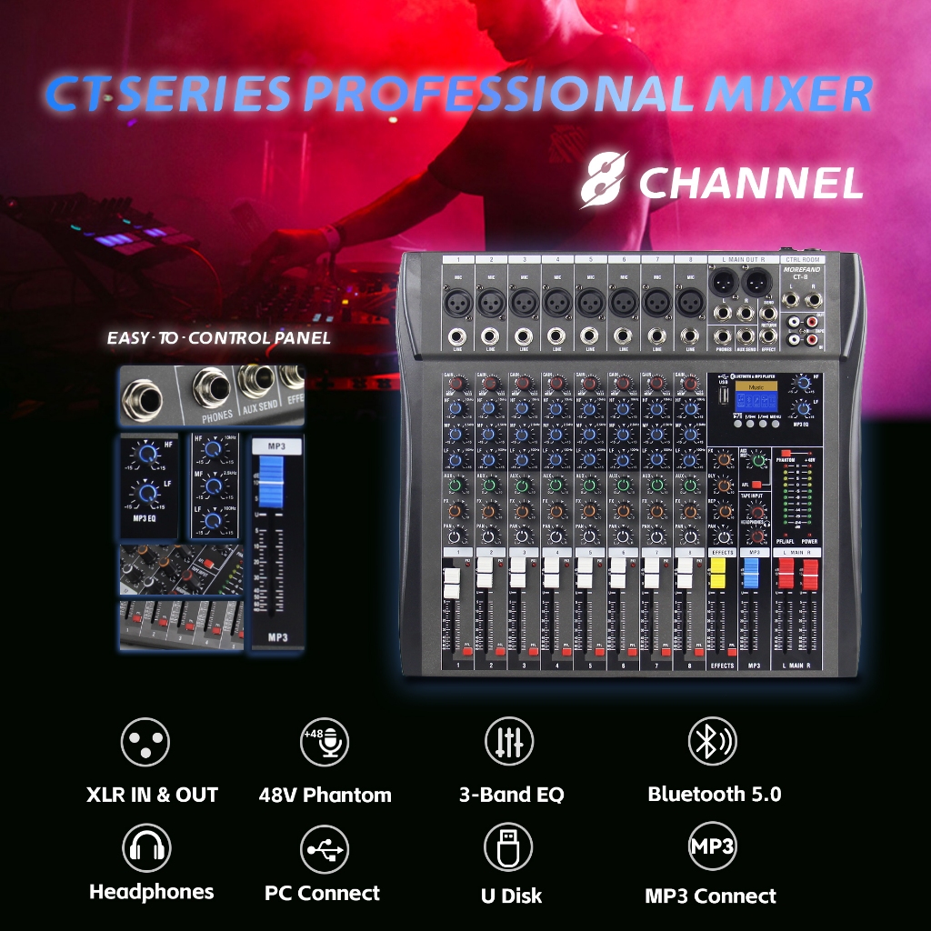 Morefand Ct120S Audio Mixer Professional 12 Channels Built-In Equalizer Effect Support