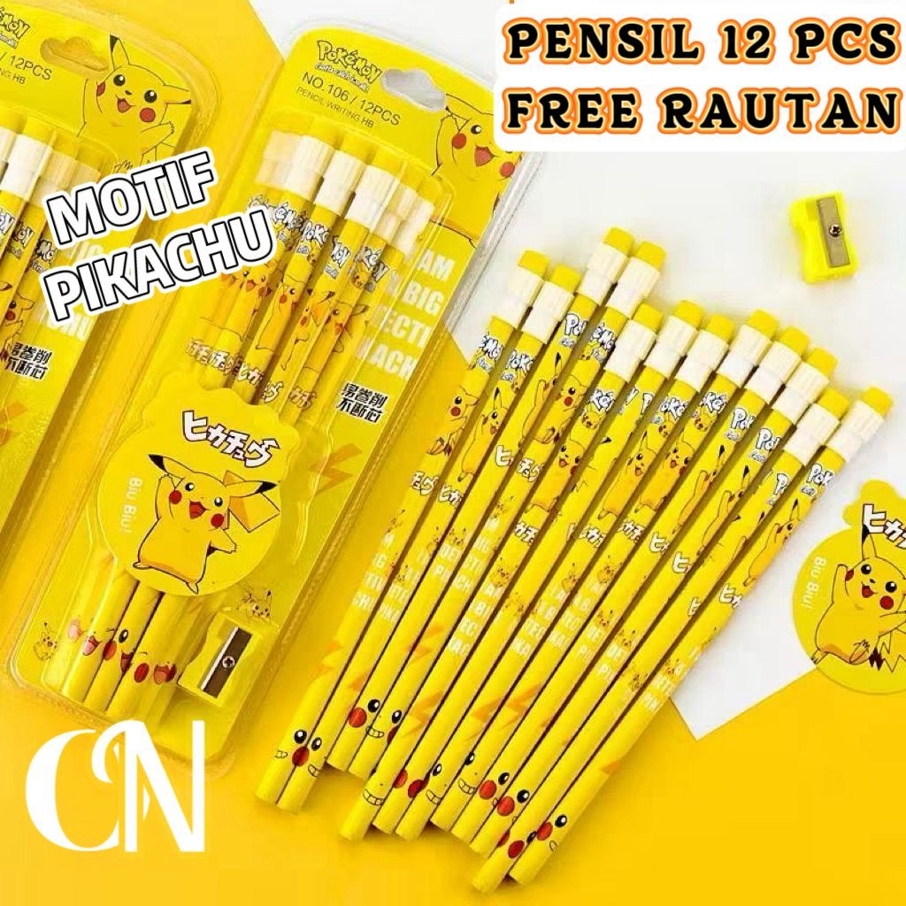 

RAUTAN + 12 PCS Pensil Anak Karakter Pikachu Pokomen Premium Quality Lucu Viral