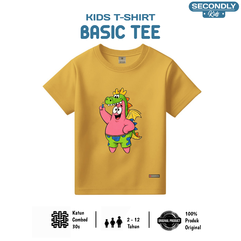 Baju Kaos Harian Cotton Combed 30s Anak Laki Perempuan Usia 2-12 Tahun Nyaman Lucu Adem Patrick Naga