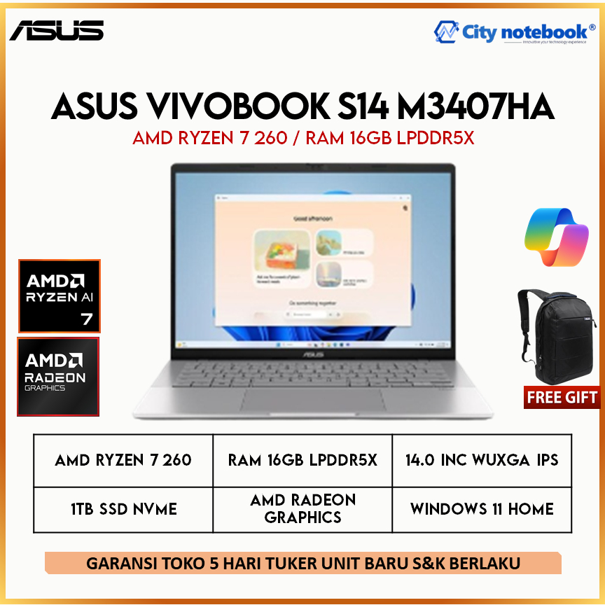 Asus Vivobook S14 M3407HA RYZEN 7 260 16GB 1TB Win11 14.0WUXGA
