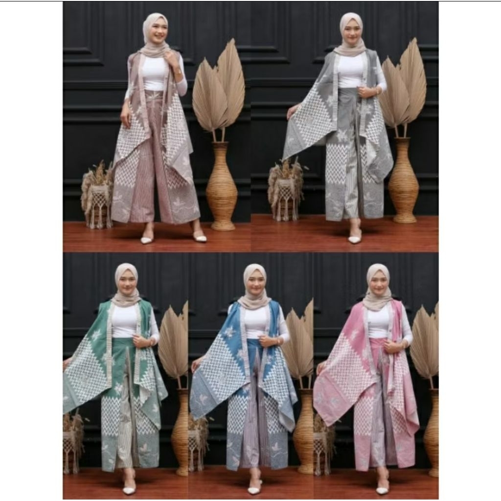 ONE SET CARDIGAN VEST OUTER CELANA LAYER BATIK MOTIF BERAS TUMPAH CELANA PANJANG WANITA SET PREMIUM 