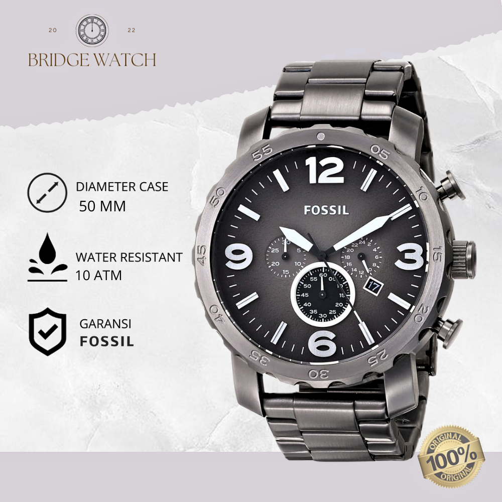 Jam Tangan Fossil Pria Men Nate Analog Strap Rantai Cowok Chronograph Mewah Smoke Stainless Steel Wa