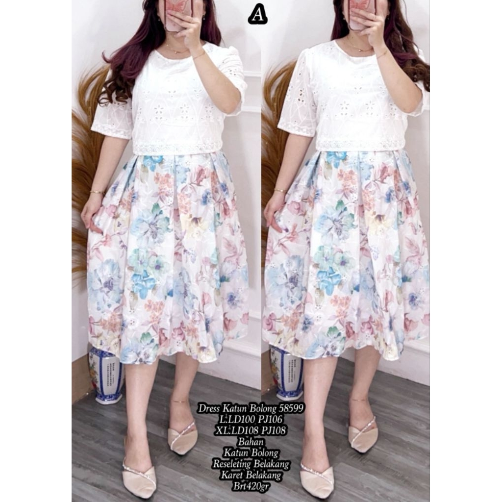 FER 58599 DRESS KATUN BOLONG IMPORT / DRESS GEREJA / DRESS PUTIH / DRESS BUNGA / READY / REALPICT