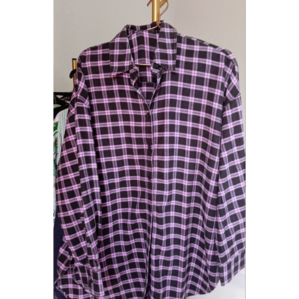 PL kemeja kotak ungu panjang zara