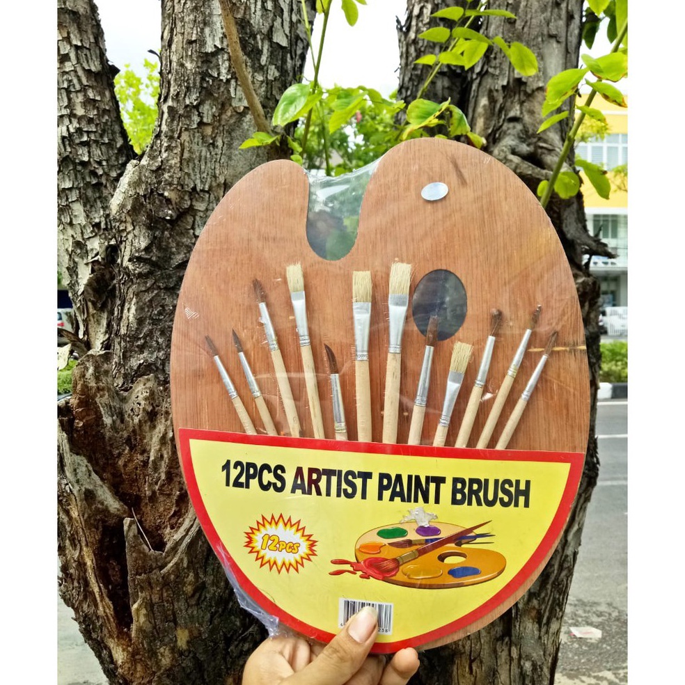 

WOODEN PALETTE 25X3CM PALET KAYU SET DENGAN 12 PCS ARTIST PAINT BRUSH KODE U8T9