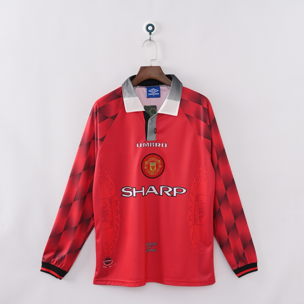 jersey retro manc utd home long sleeve 1996-1998 jersey vintage mu lengan panjang