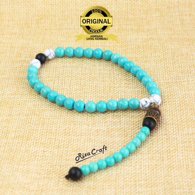 Tasbih 33 Butir Batu Pirus Persia Biru ASLI Akik Alam Natural Unik by Riza Craft