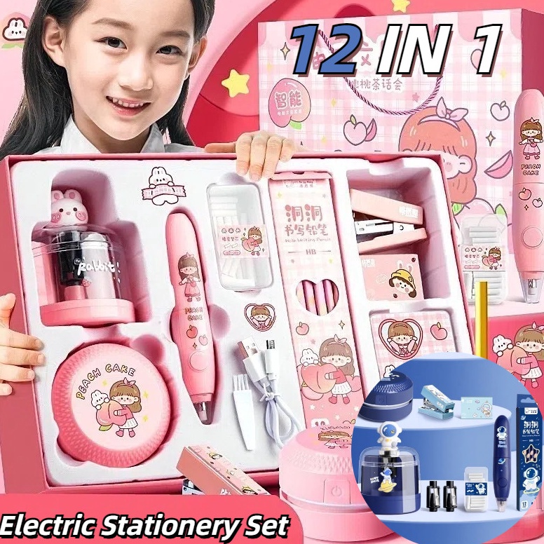 Hemat 12 IN 1 Electric Stationery Set  Set Alat Tulis Elektronik Rautan Penghapus Vacuum Pencil Set 