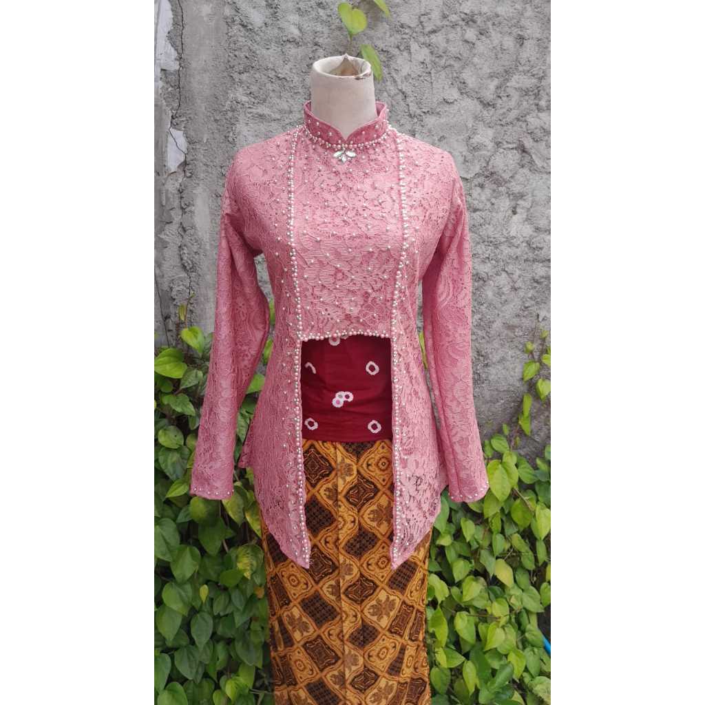 Atasan Kebaya Brokat Mutiara Kutu Baru Modern Muslimah Full Furing Pink