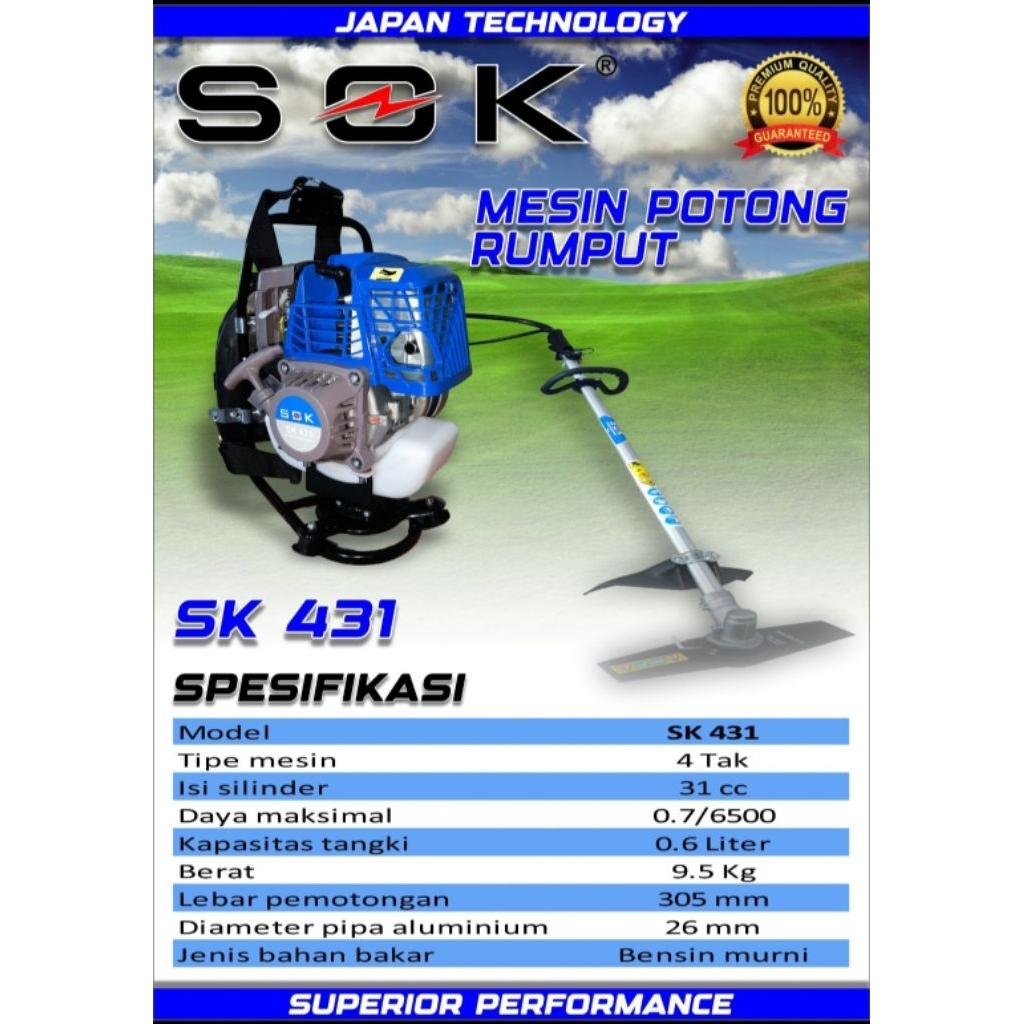 potong rumput bensin murni 4 Tak SOK sk431 / mesin paras rumput 4tak / mesin babat rumput 4 tak