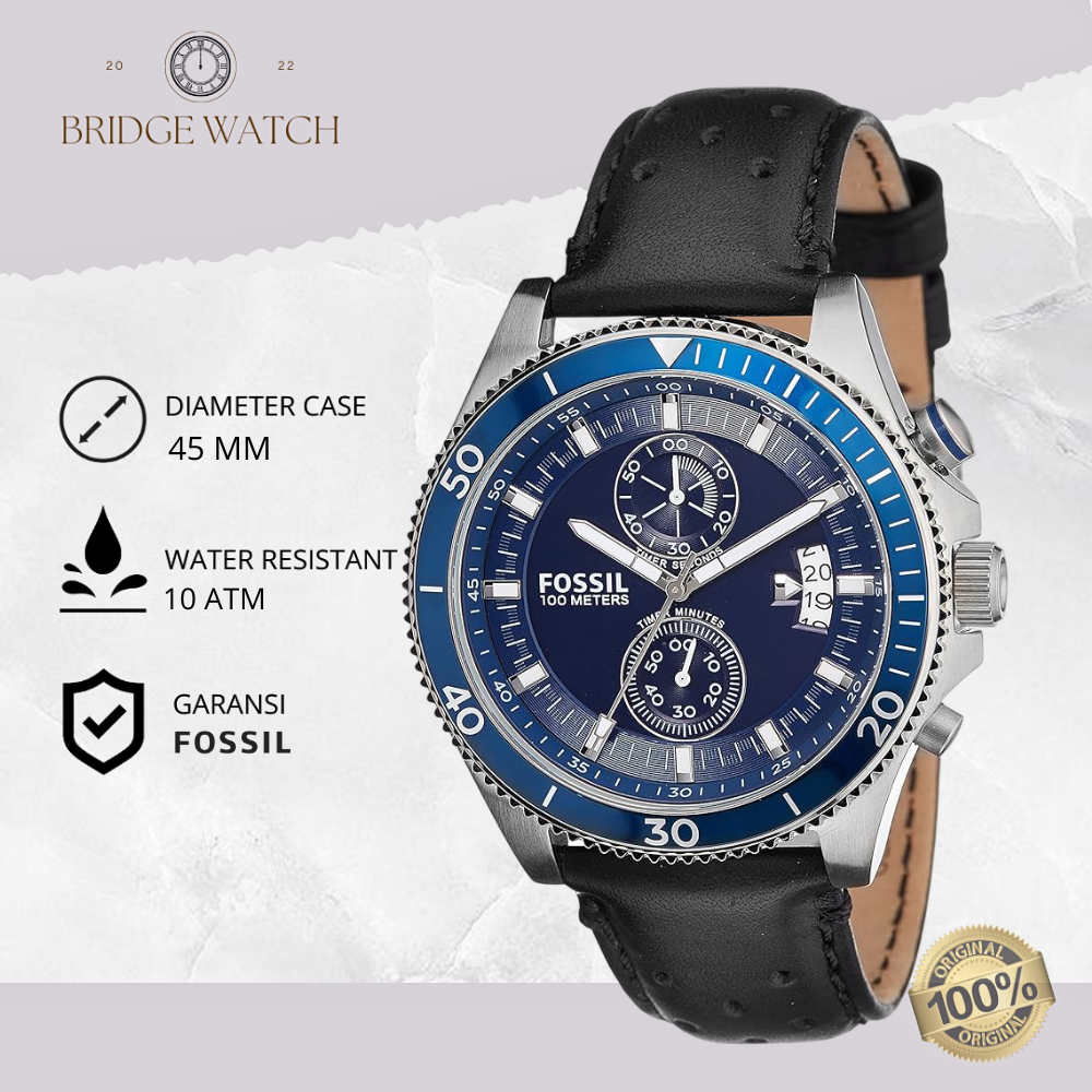 Jam Tangan Fossil Pria Wakefield Analog Leather Black Cowok Strap Kulit Hitam Chronograph Men Sporty