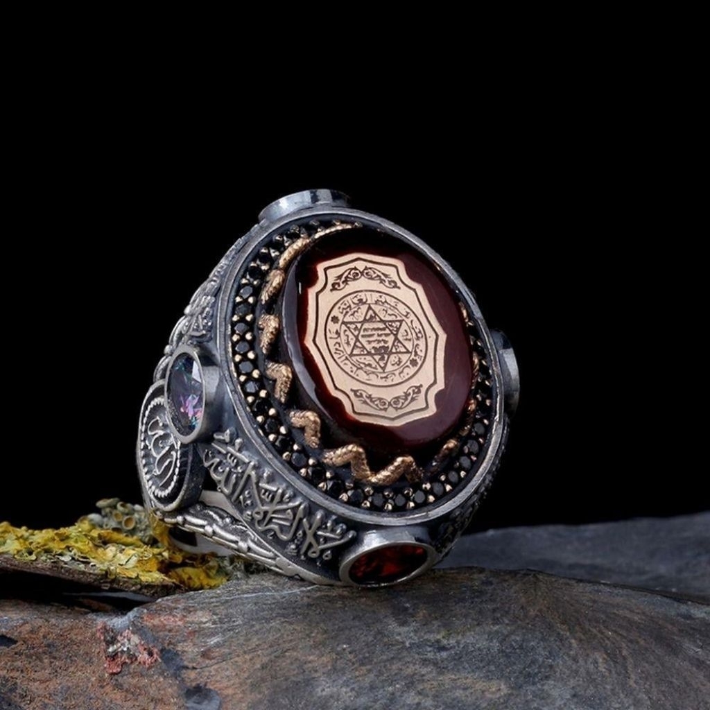 Cincin Perak Turki Model Stempel Nabi Sulaiman Batu Amber / Cincin Ottoman Silver 925